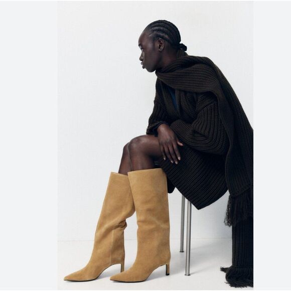 Zara Womens Knee High Boots Wide Shaft Split Leather Dark Tan US 11 EU 42 NWT - Picture 2 of 10